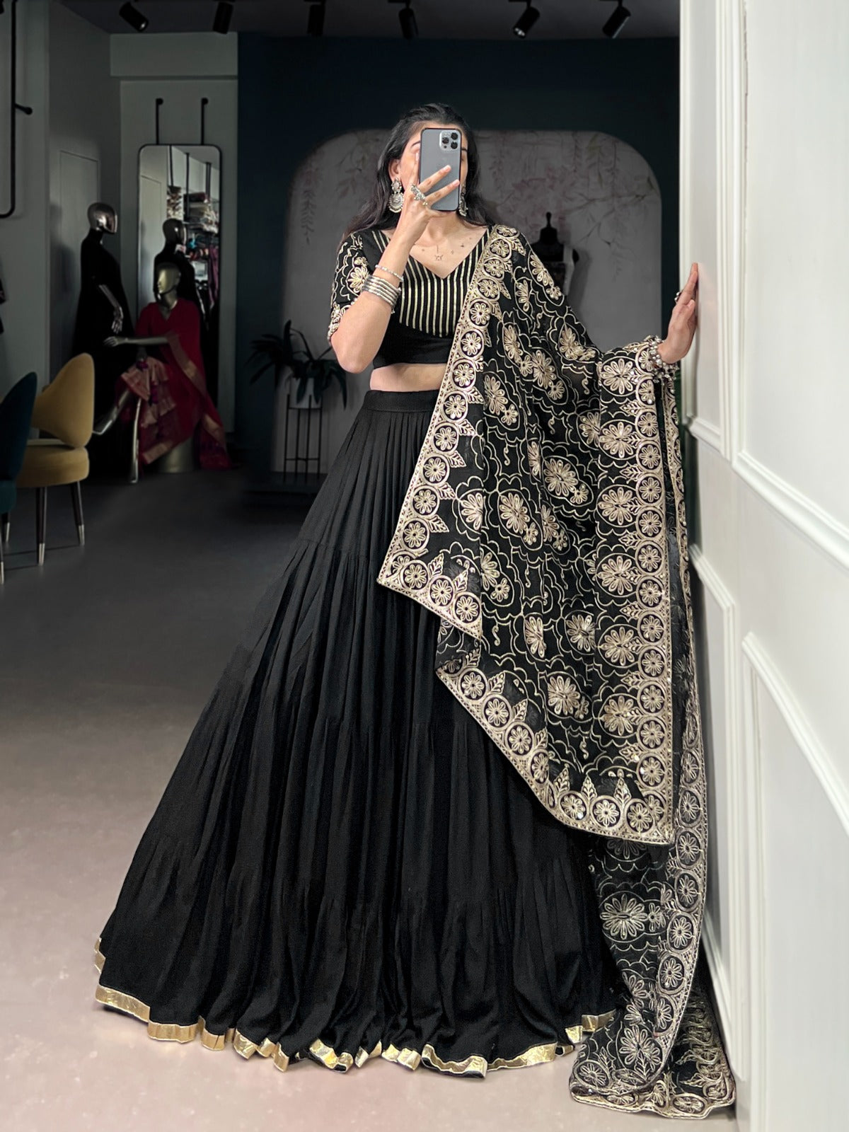 Lorenvalley Fashion Black Pure Rayon Embossed Design Lace Border Lehenga Choli with Dupatta