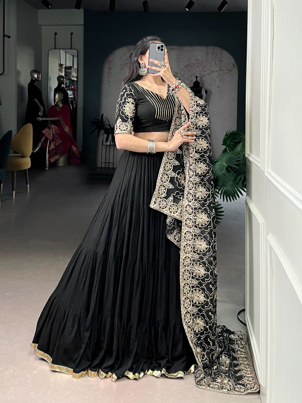Lorenvalley Fashion Black Pure Rayon Embossed Design Lace Border Lehenga Choli with Dupatta