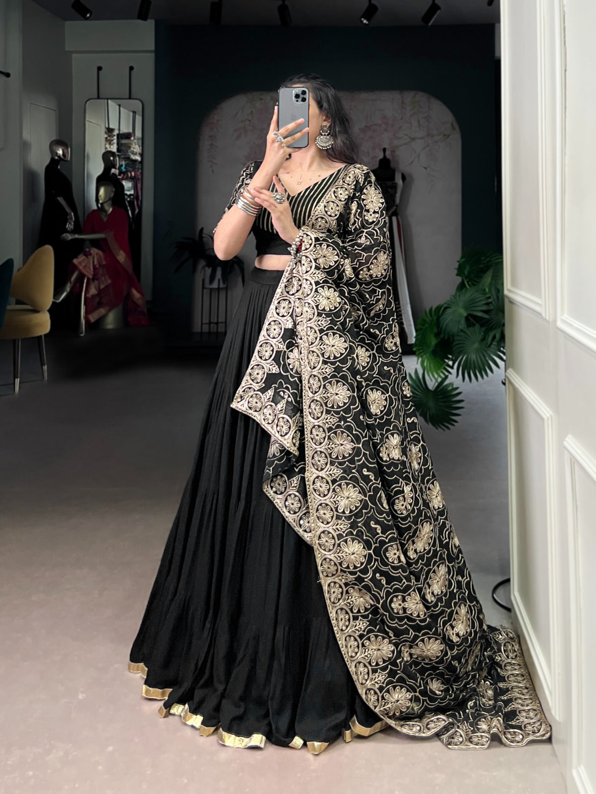 Lorenvalley Fashion Black Pure Rayon Embossed Design Lace Border Lehenga Choli with Dupatta