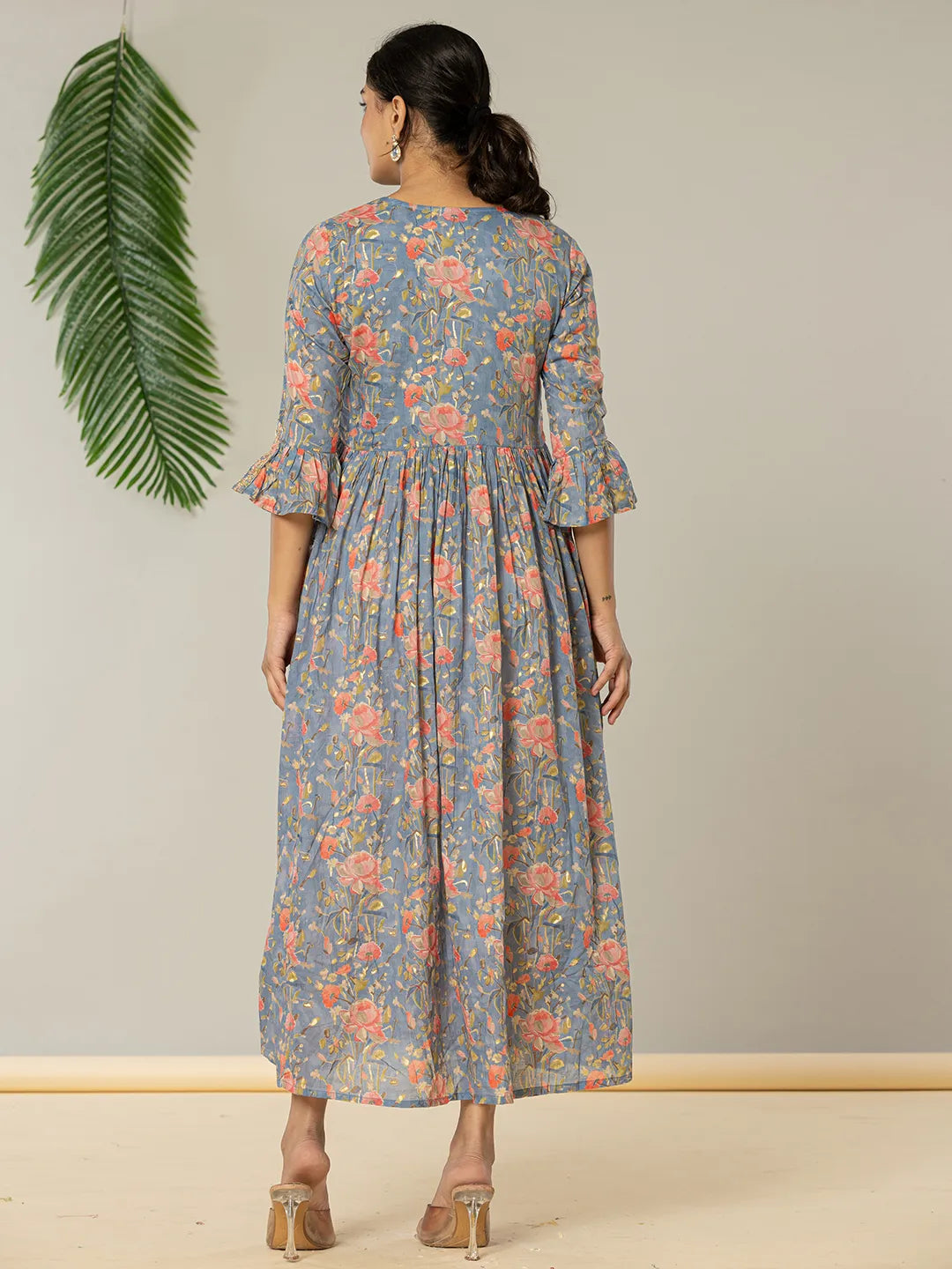 Yufta Blue Pure Cotton Beads And Stones Gathers Angrakha Dress - Distacart