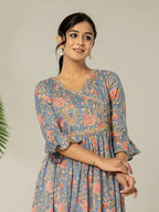Yufta Blue Pure Cotton Beads And Stones Gathers Angrakha Dress - Distacart