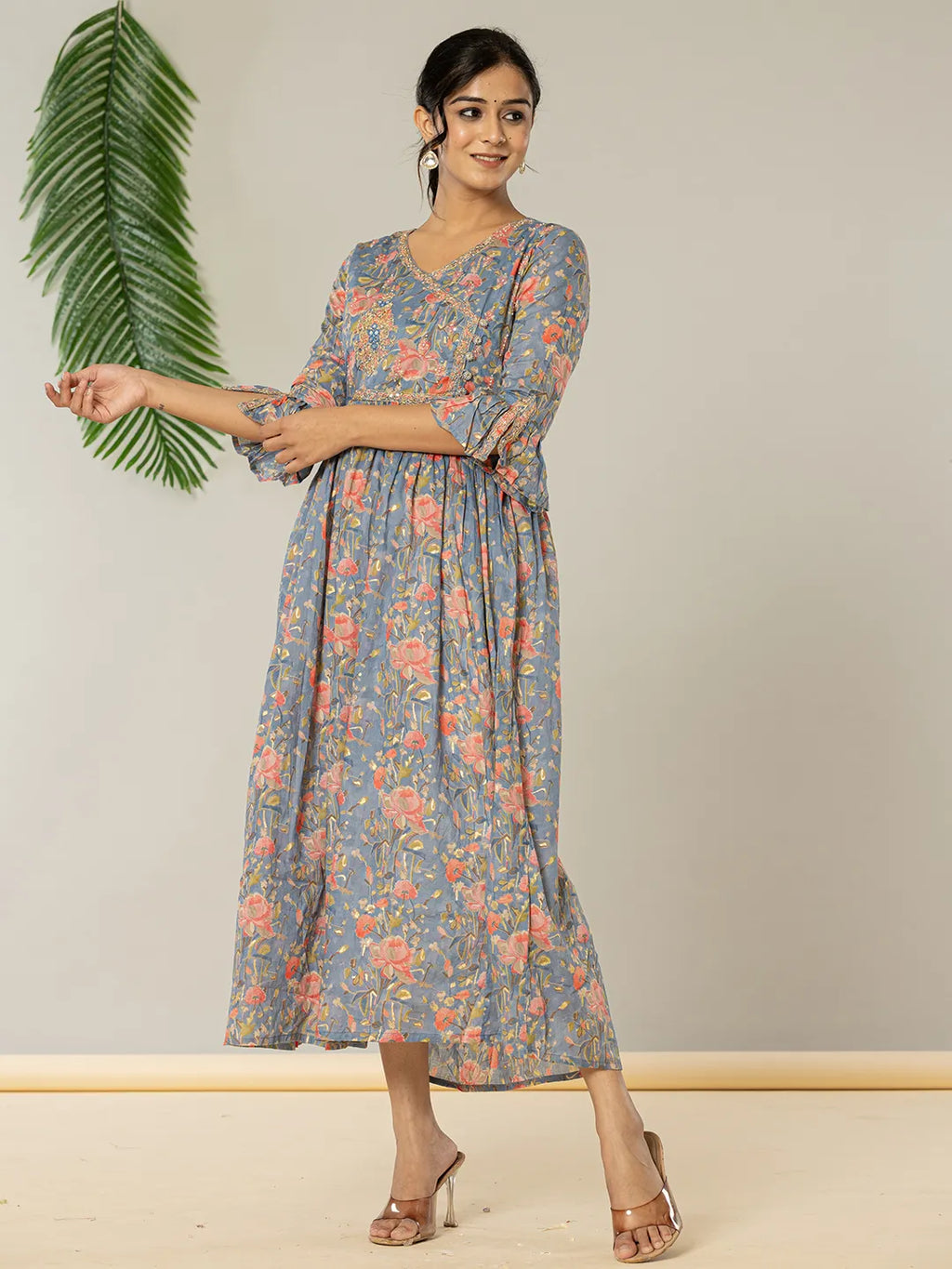 Yufta Blue Pure Cotton Beads And Stones Gathers Angrakha Dress - Distacart