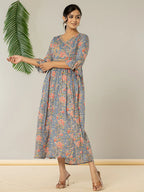 Yufta Blue Pure Cotton Beads And Stones Gathers Angrakha Dress - Distacart