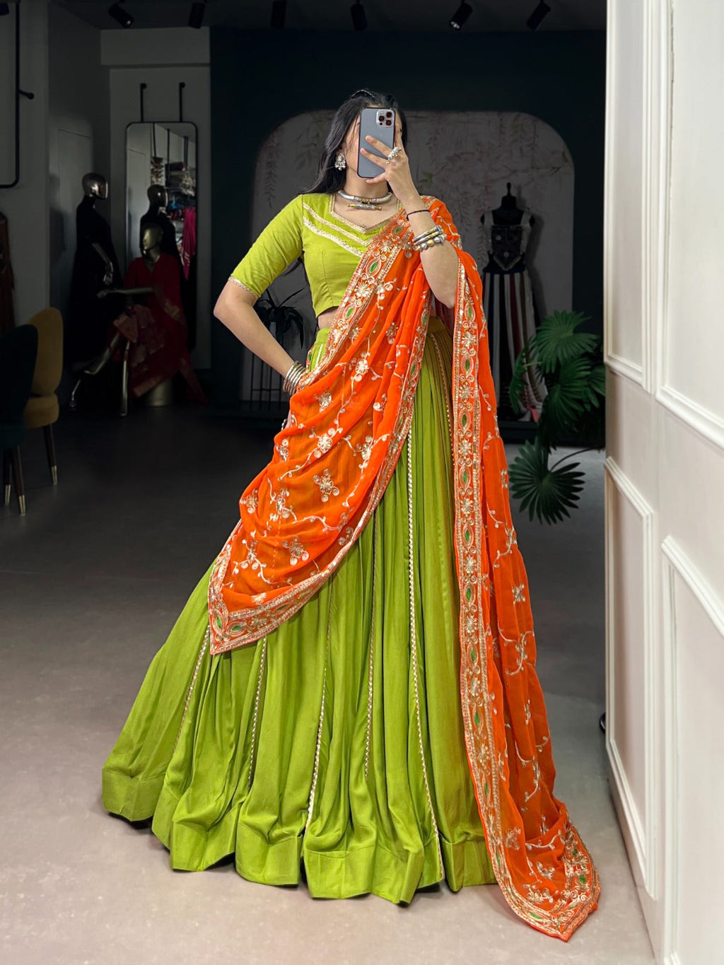 Lorenvalley Fashion Parotgreen Pure Rayon Lace Touch Up Lehenga Choli with Dupatta