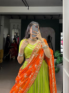 Lorenvalley Fashion Parotgreen Pure Rayon Lace Touch Up Lehenga Choli with Dupatta
