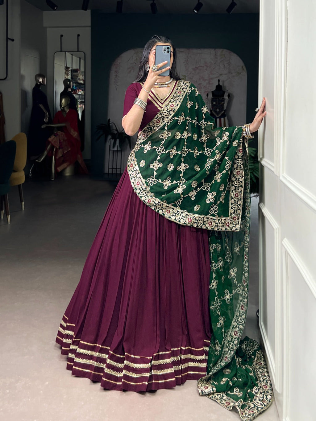 Lorenvalley Fashion Wine Pure Rayon Lace Touch Up Lehenga Choli with Dupatta