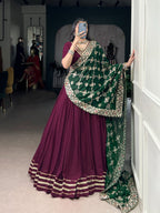 Lorenvalley Fashion Wine Pure Rayon Lace Touch Up Lehenga Choli with Dupatta