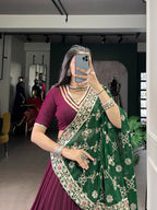 Lorenvalley Fashion Wine Pure Rayon Lace Touch Up Lehenga Choli with Dupatta
