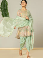 Yufta Green Cotton Embroidery A-Line Kurta Dupatta Set