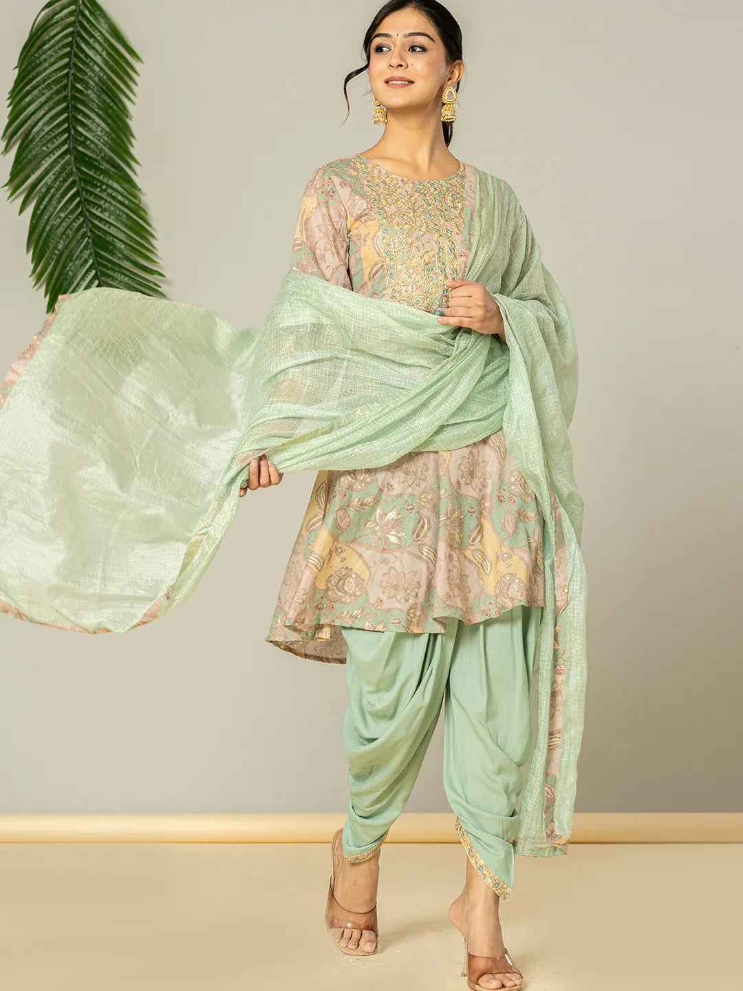 Yufta Green Cotton Embroidery A-Line Kurta Dupatta Set