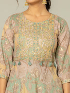 Yufta Green Cotton Embroidery A-Line Kurta Dupatta Set
