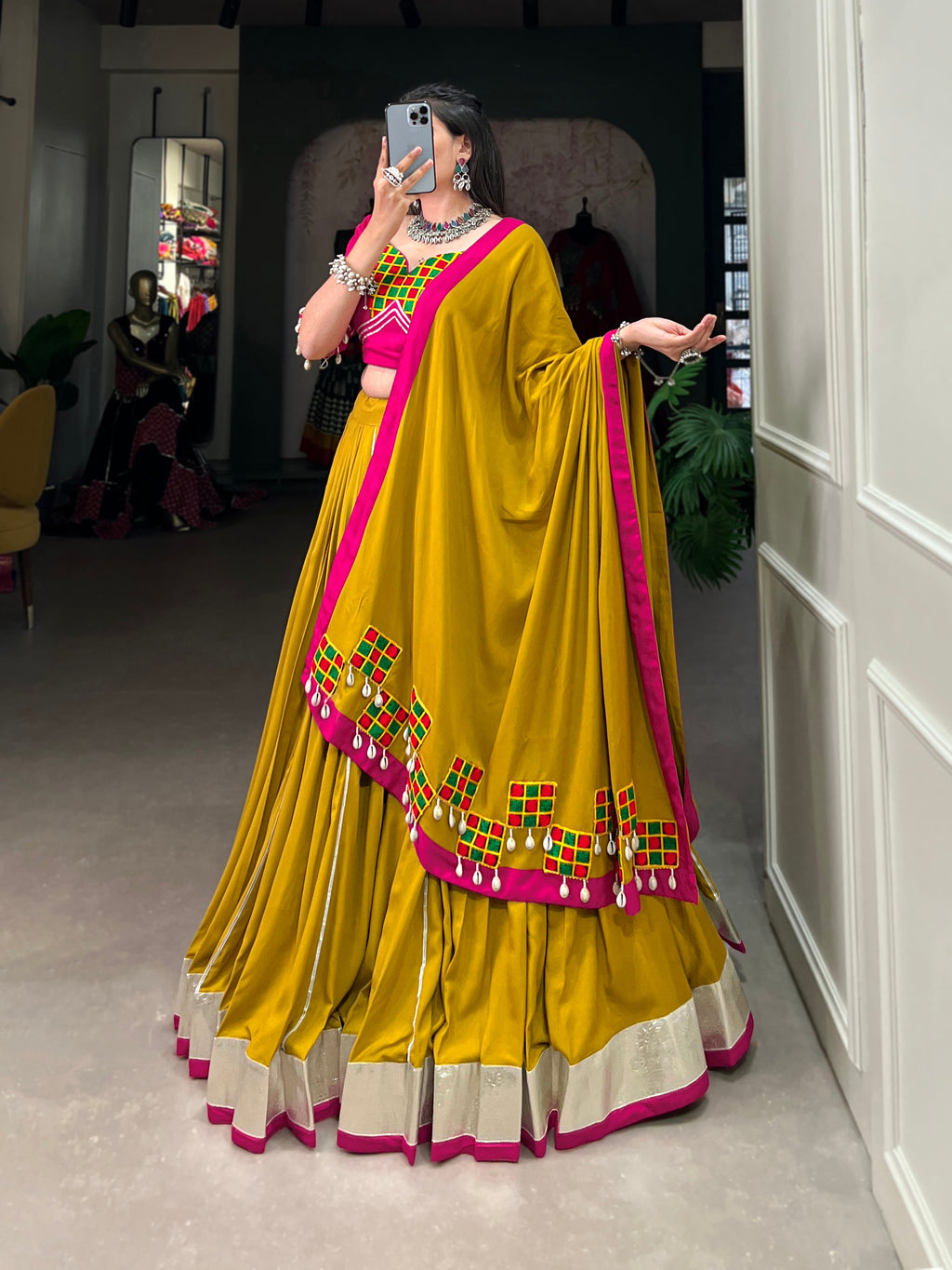Lorenvalley Fashion Mustard Pure Rayon Plain And Lace Border With Gotta Patti Touch Up Lehenga Choli with Dupatta