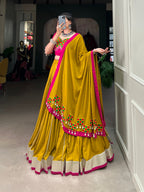 Lorenvalley Fashion Mustard Pure Rayon Plain And Lace Border With Gotta Patti Touch Up Lehenga Choli with Dupatta
