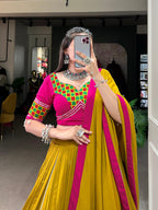 Lorenvalley Fashion Mustard Pure Rayon Plain And Lace Border With Gotta Patti Touch Up Lehenga Choli with Dupatta