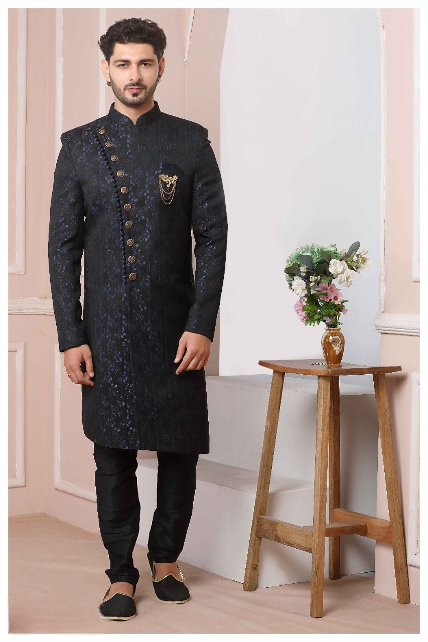 Raivat Ethnic Jacquard Silk Thread Work Indo Western In Navy Blue Colour - Distacart