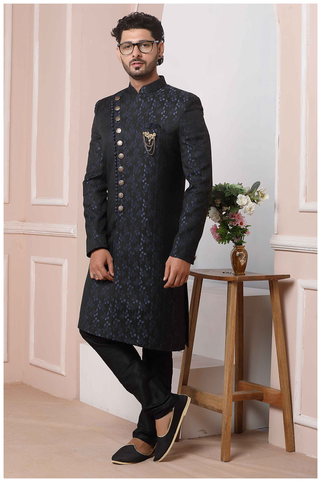 Raivat Ethnic Jacquard Silk Thread Work Indo Western In Navy Blue Colour - Distacart