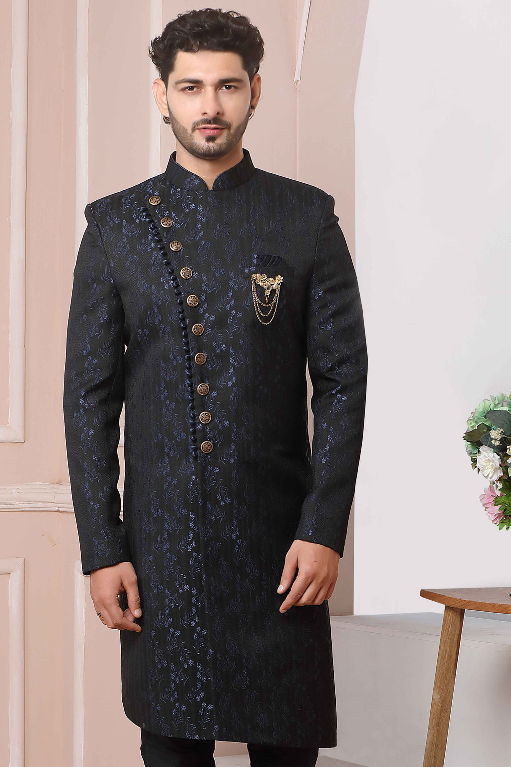 Raivat Ethnic Jacquard Silk Thread Work Indo Western In Navy Blue Colour - Distacart