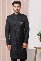 Raivat Ethnic Jacquard Silk Thread Work Indo Western In Navy Blue Colour - Distacart