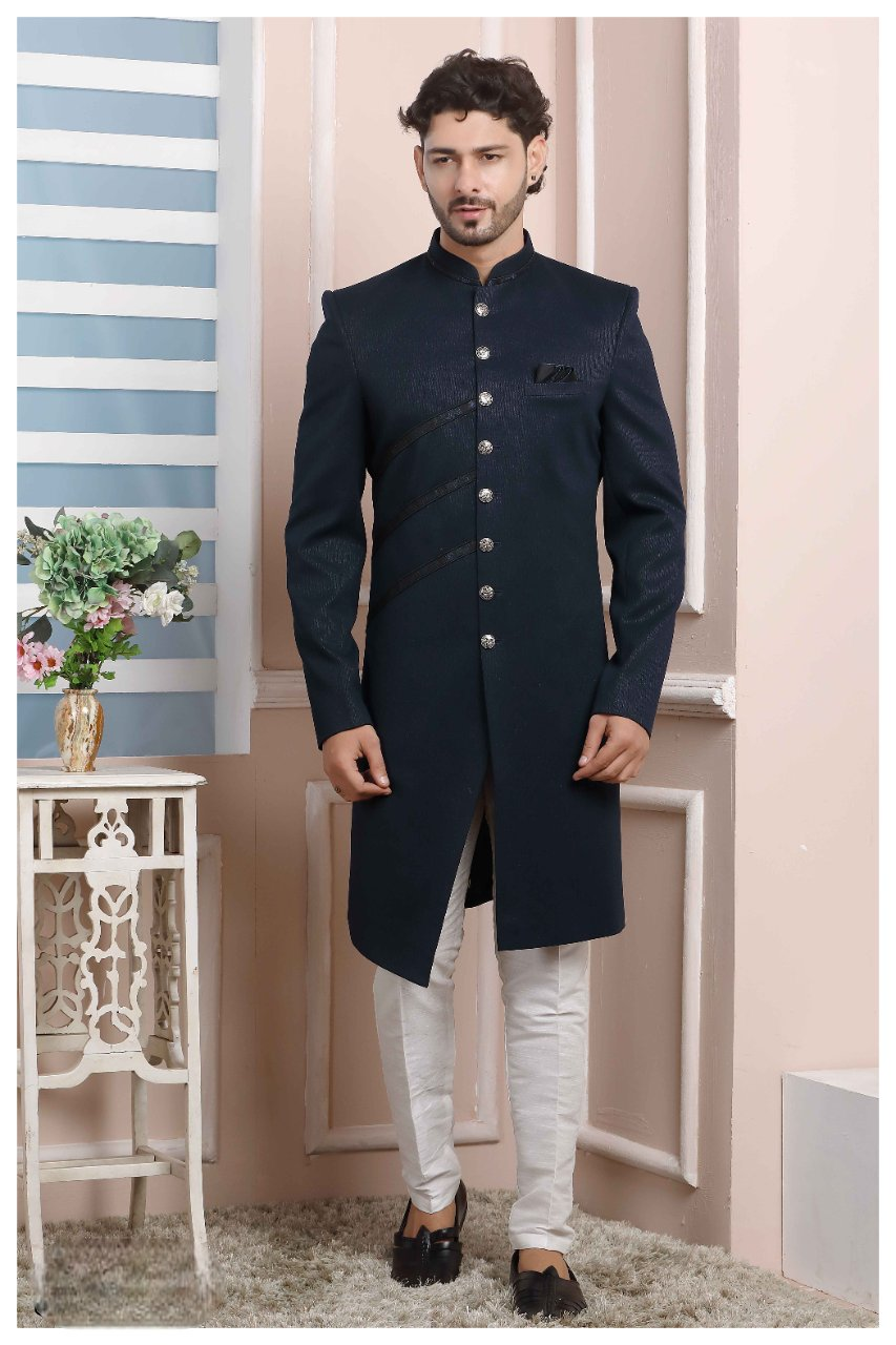 Raivat Ethnic Jacquard Silk Thread Work Indo Western In Blue Colour - Distacart