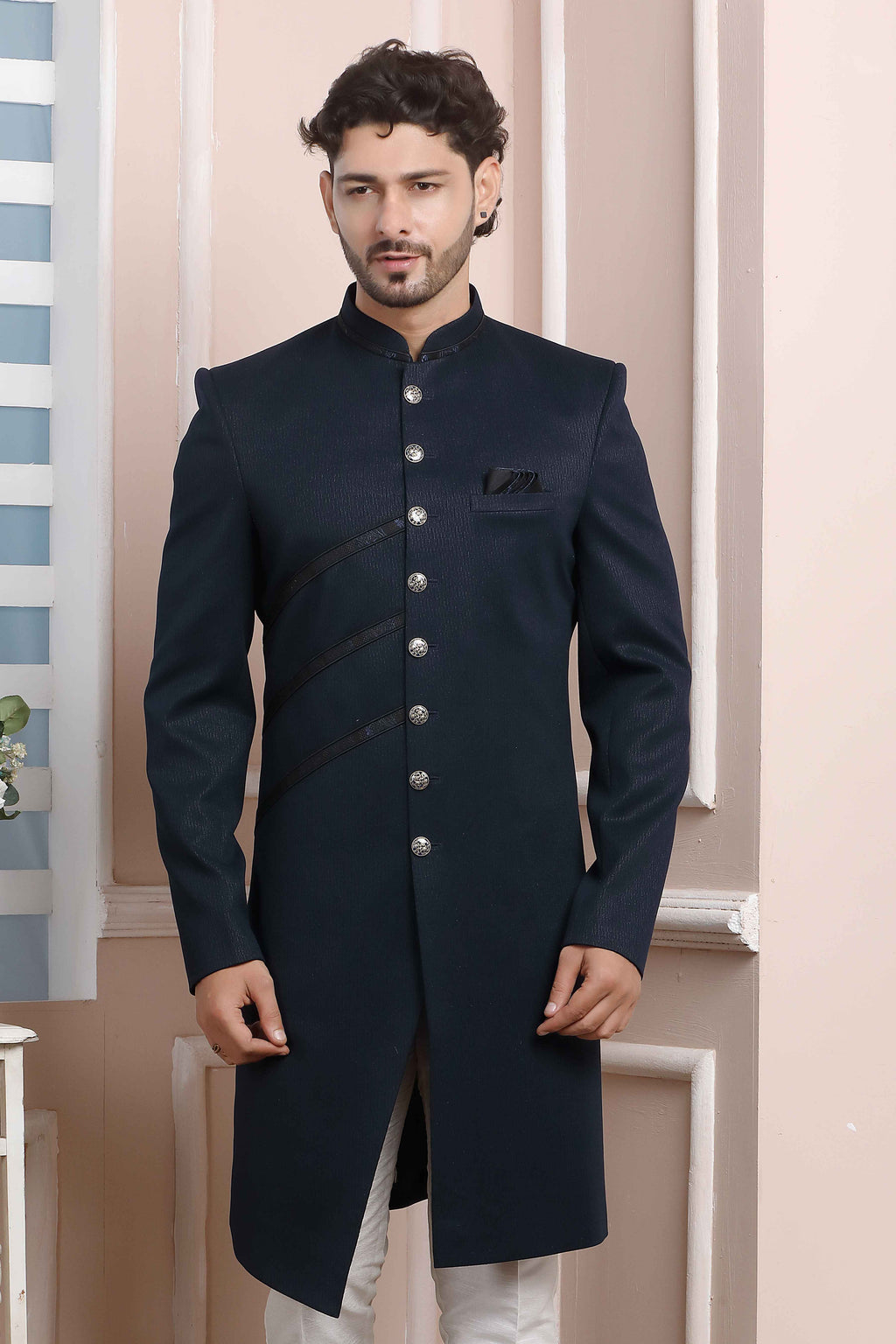Raivat Ethnic Jacquard Silk Thread Work Indo Western In Blue Colour - Distacart
