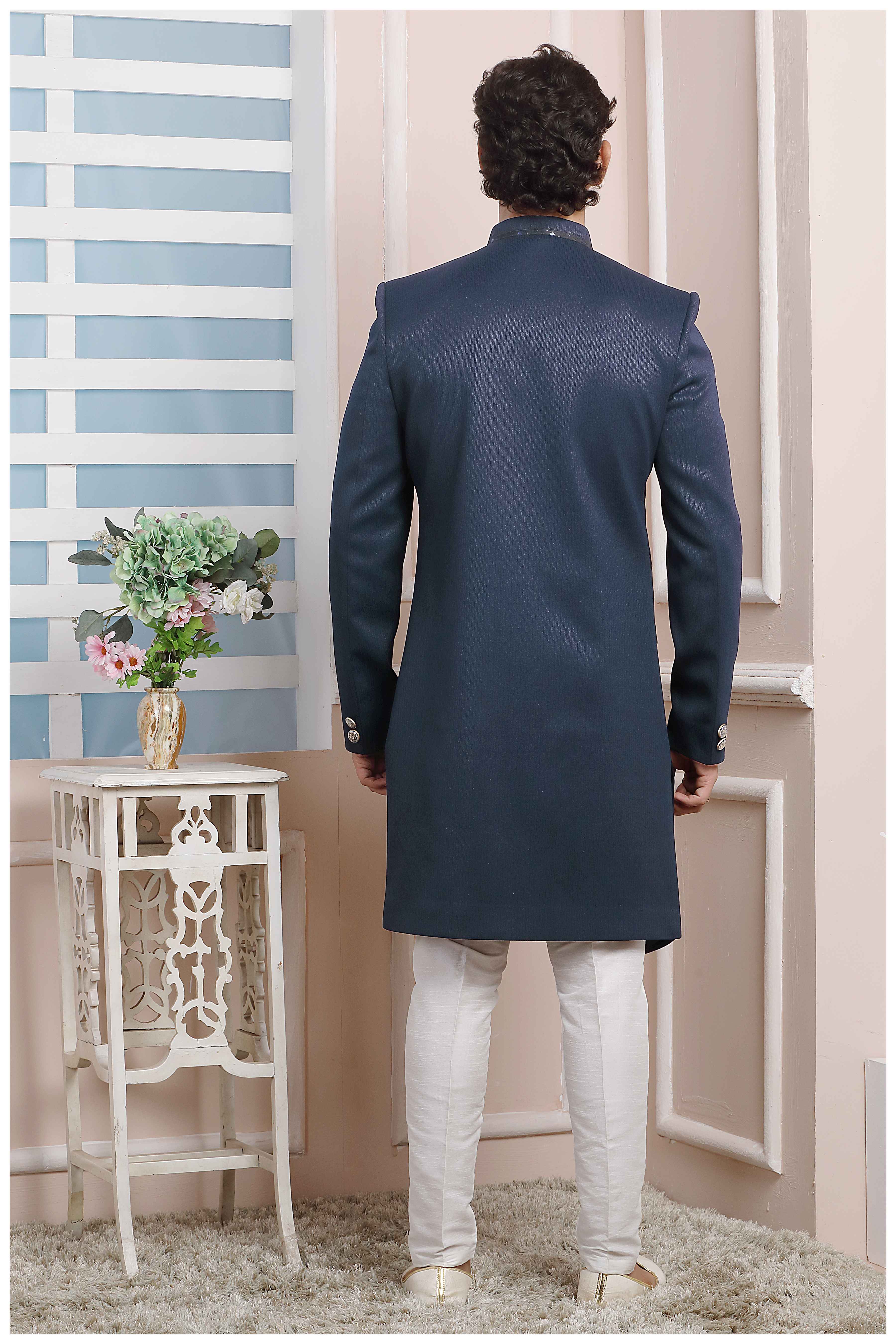 Raivat Ethnic Jacquard Silk Thread Work Indo Western In Blue Colour - Distacart