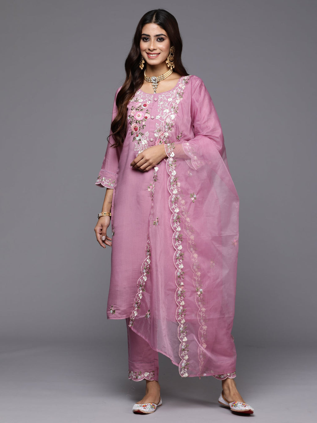 Indo Era Lavender Embroidered Straight Kurta Trousers With Dupatta Set - Distacart