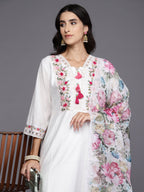 Indo Era White Embroidered A-Line Kurta Trousers With Dupatta Set - Distacart