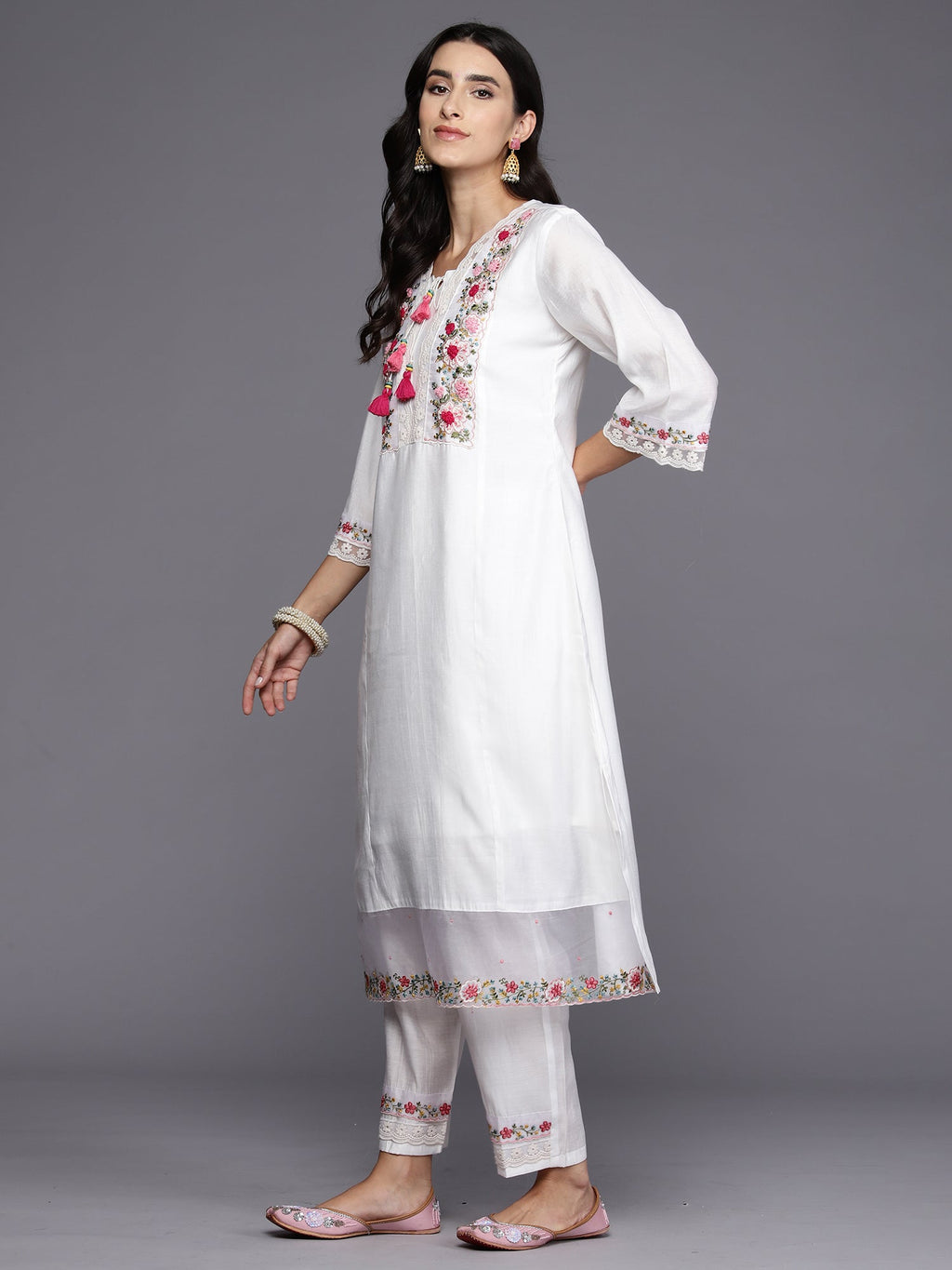 Indo Era White Embroidered A-Line Kurta Trousers With Dupatta Set - Distacart