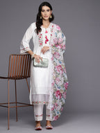 Indo Era White Embroidered A-Line Kurta Trousers With Dupatta Set - Distacart