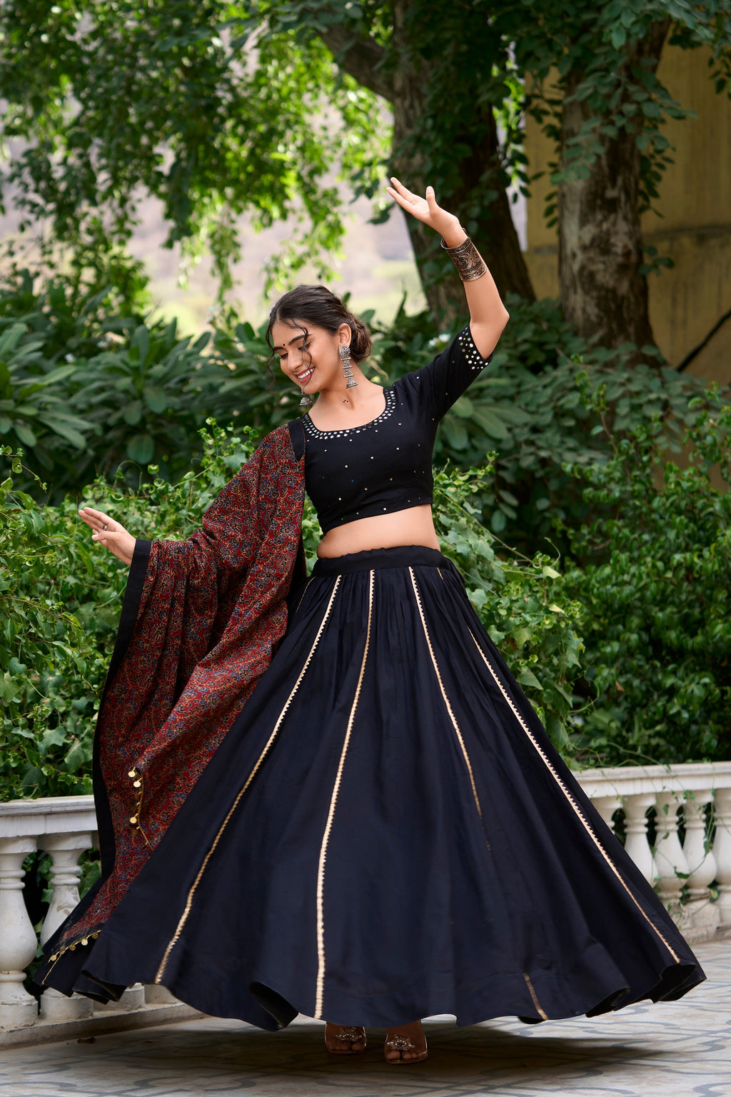 Lorenvalley Black Pure Cotton Plain With Gota Patti Touch Up Lehenga Choli
