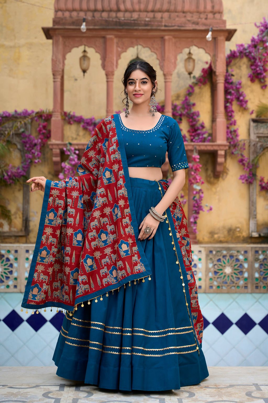 Lorenvalley Firozi Pure Cotton Plain With Gota Patti Touch Up Lehenga Choli