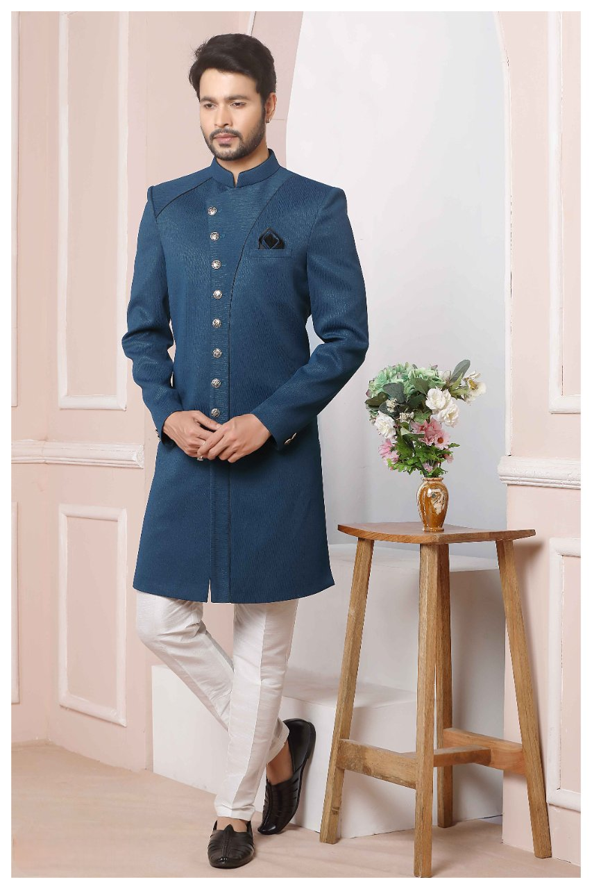 Raivat Ethnic Jacquard Silk Thread Work Indo Western In Blue Colour - Distacart