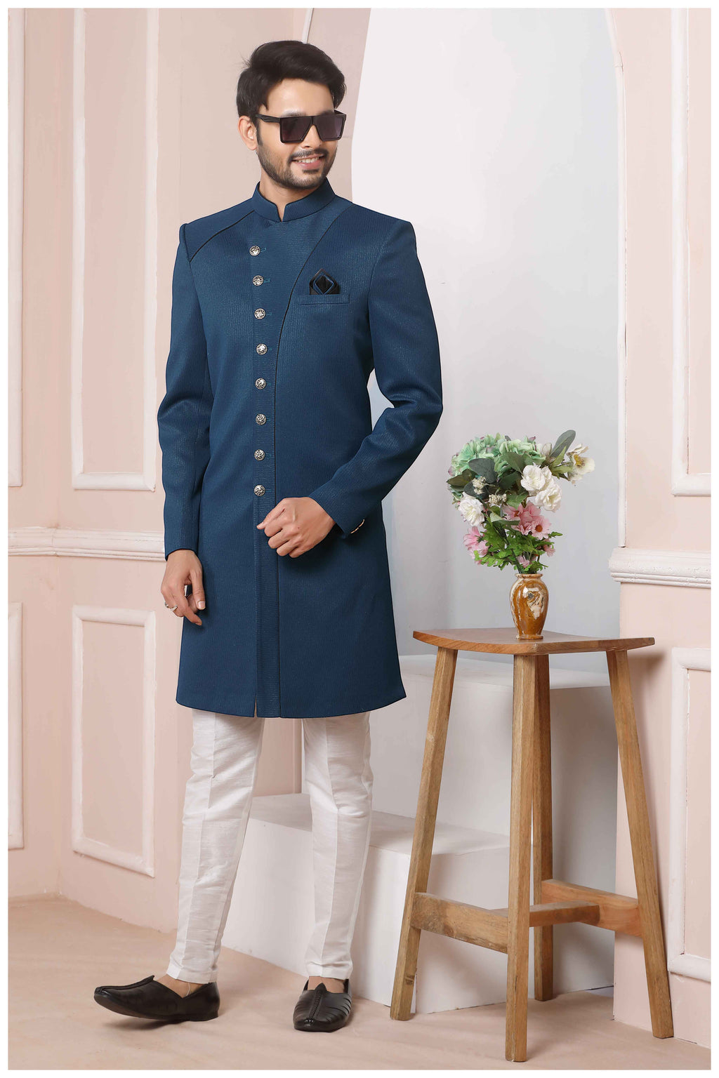 Raivat Ethnic Jacquard Silk Thread Work Indo Western In Blue Colour - Distacart