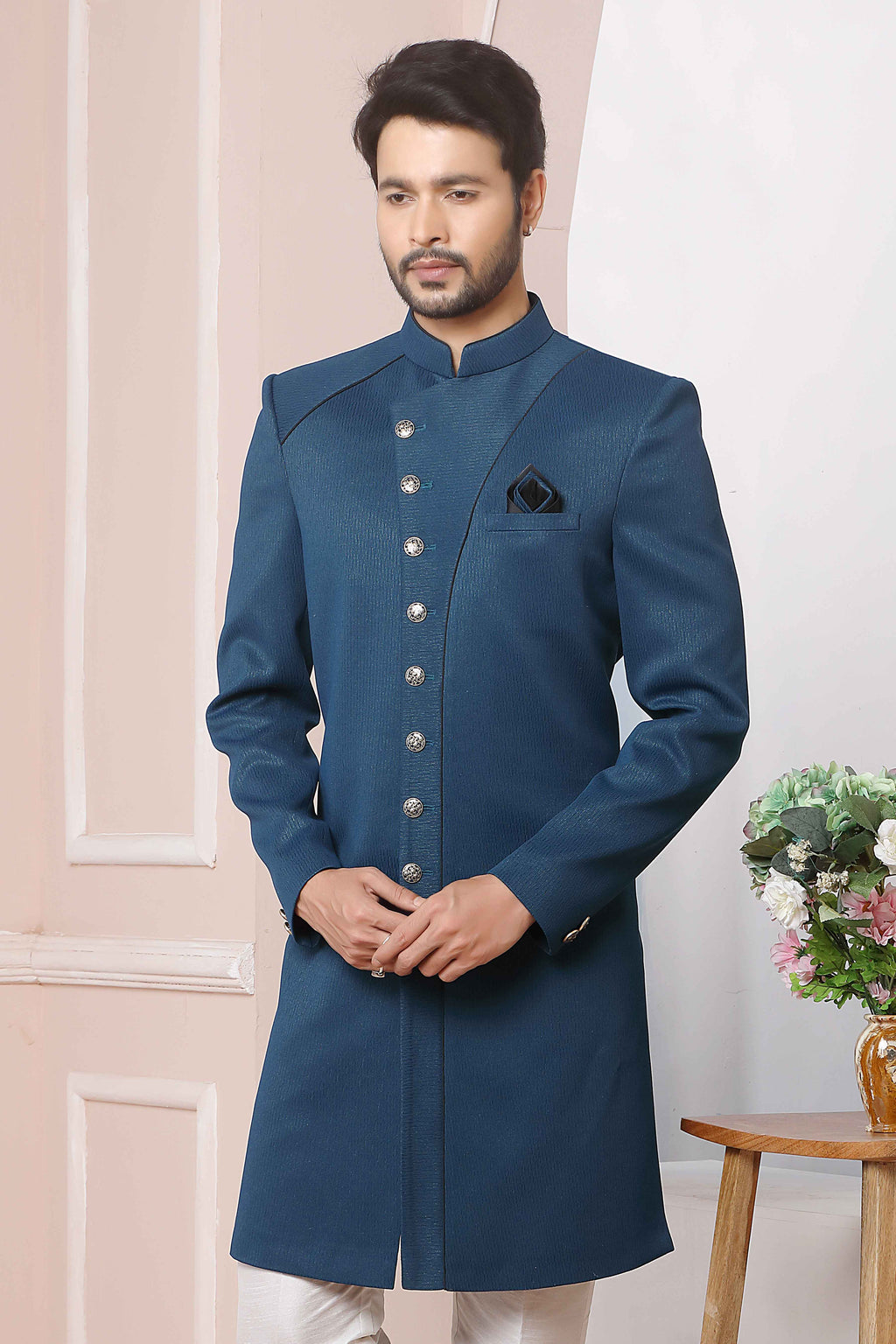 Raivat Ethnic Jacquard Silk Thread Work Indo Western In Blue Colour - Distacart