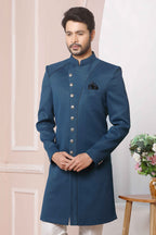Raivat Ethnic Jacquard Silk Thread Work Indo Western In Blue Colour - Distacart