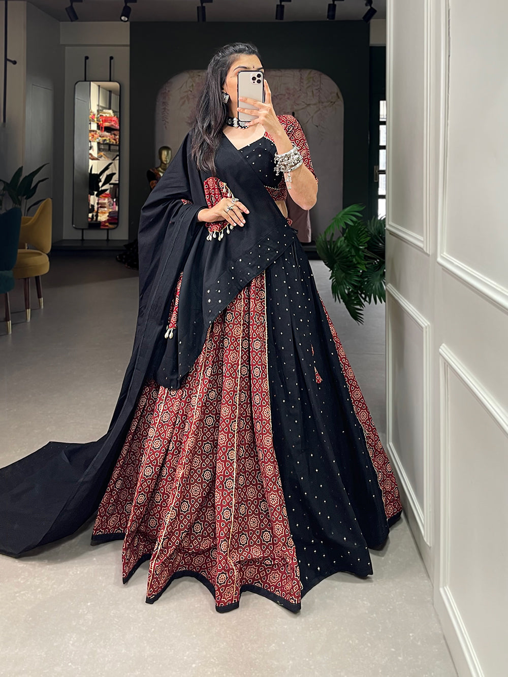 Lorenvalley Pure Cotton Printed And Over All Mirror Work With Gotta Patti Touchup Lehenga Choli with Dupatta