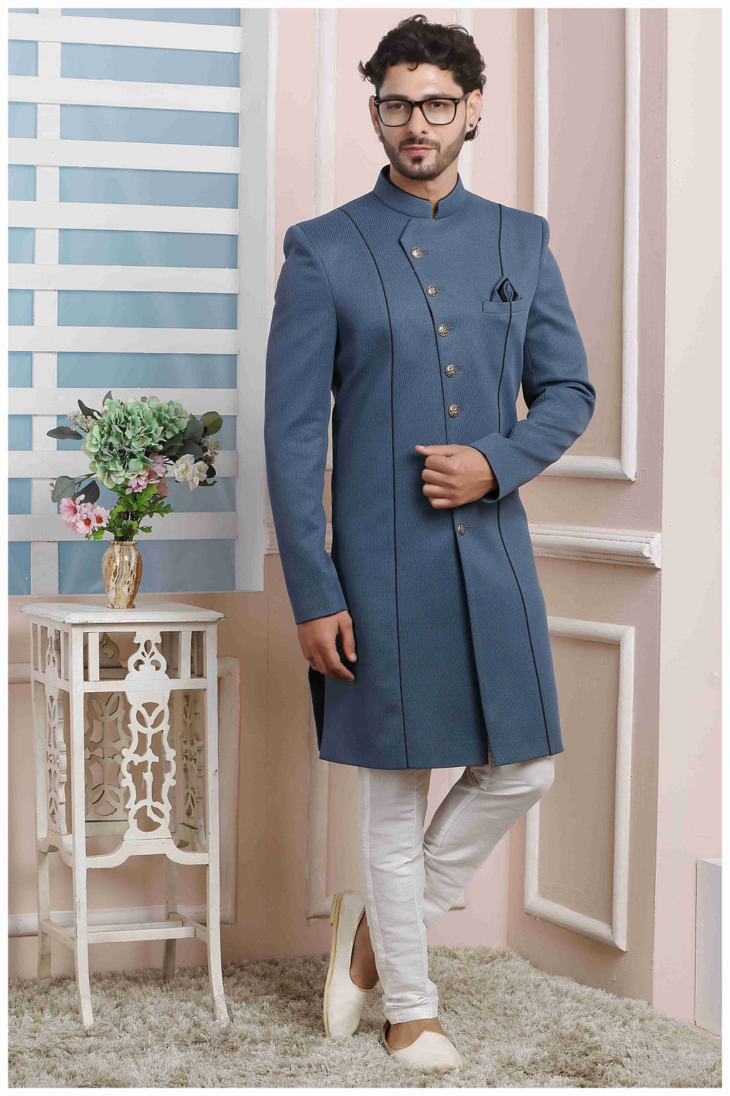 Raivat Ethnic Jacquard Silk Thread Work Indo Western In Grey Colour - Distacart