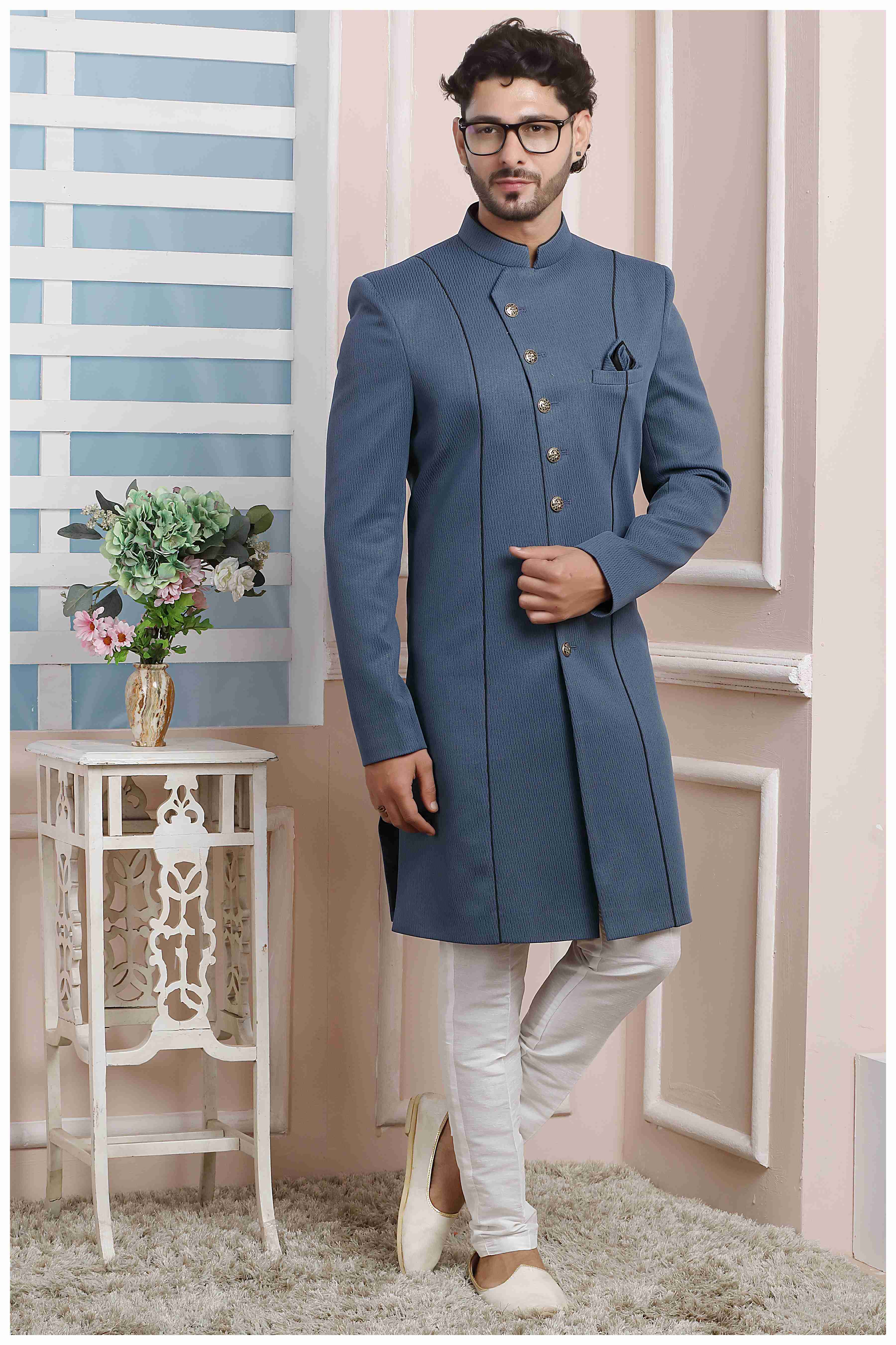Raivat Ethnic Jacquard Silk Thread Work Indo Western In Grey Colour - Distacart