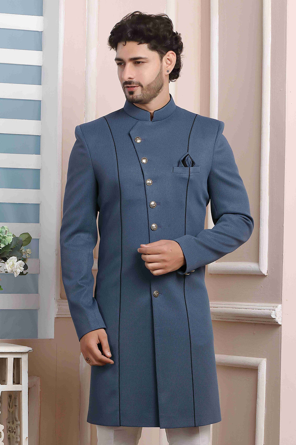Raivat Ethnic Jacquard Silk Thread Work Indo Western In Grey Colour - Distacart