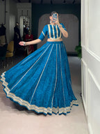 Lorenvalley Fashion Firozi Chiffon Bandhej Print with Sequins and Gotta Patti Lace Touch Up Lehenga Choli - Distacart