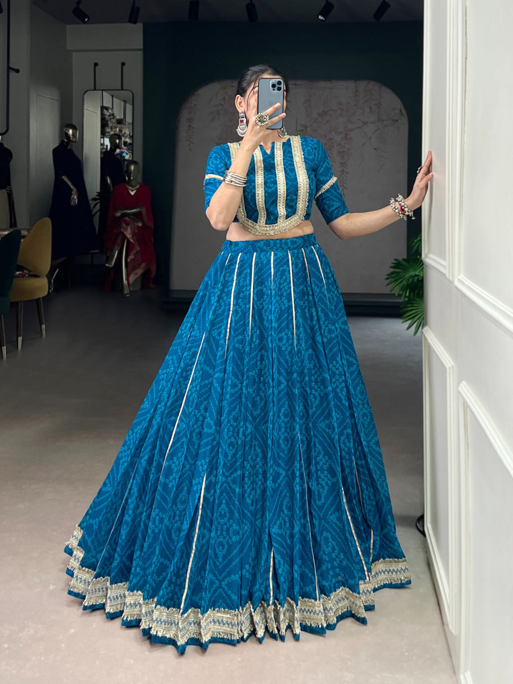 Lorenvalley Fashion Firozi Chiffon Bandhej Print with Sequins and Gotta Patti Lace Touch Up Lehenga Choli - Distacart