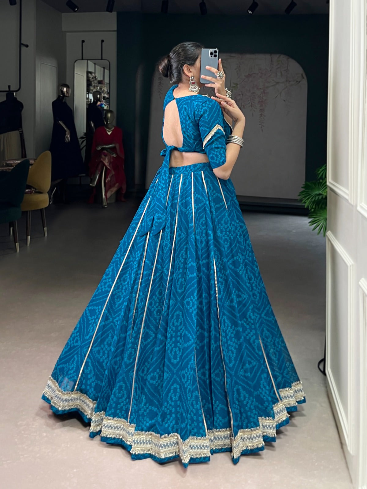 Lorenvalley Fashion Firozi Chiffon Bandhej Print with Sequins and Gotta Patti Lace Touch Up Lehenga Choli - Distacart