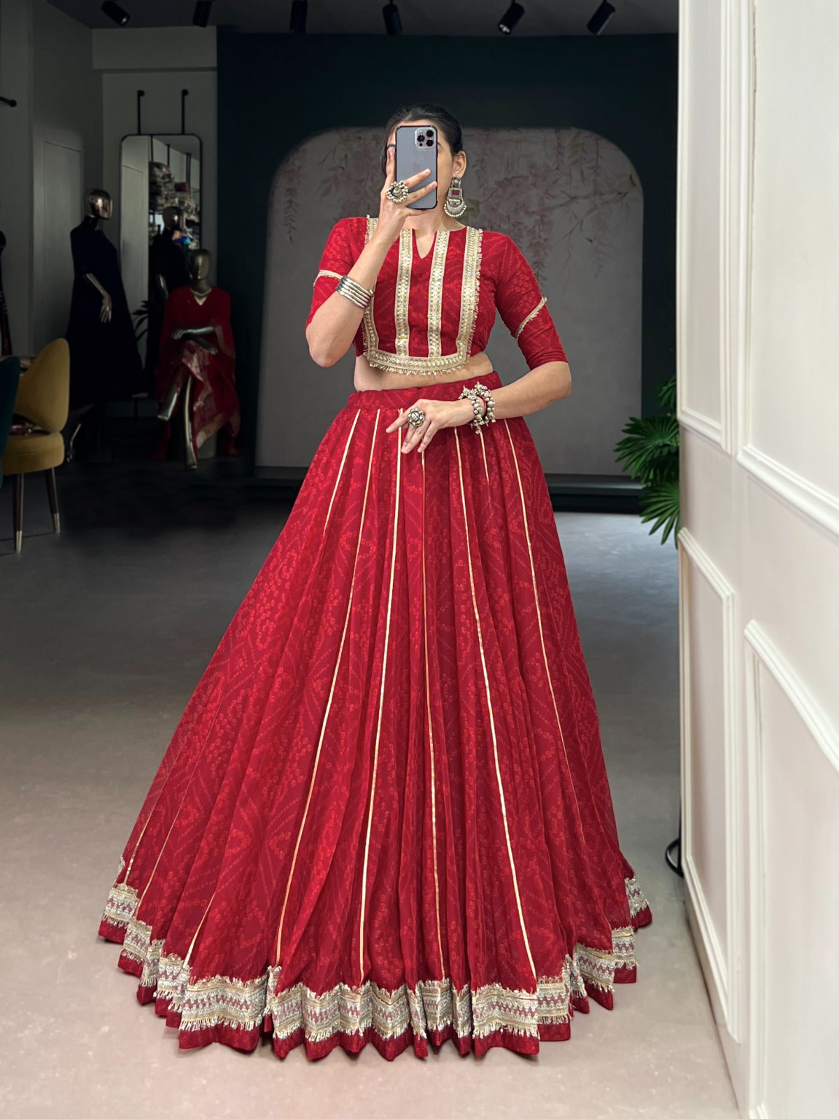Lorenvalley Fashion Red Chiffon Bandhej Print with Sequins and Gotta Patti Lace Touch Up Lehenga Choli - Distacart