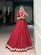 Lorenvalley Fashion Red Chiffon Bandhej Print with Sequins and Gotta Patti Lace Touch Up Lehenga Choli - Distacart