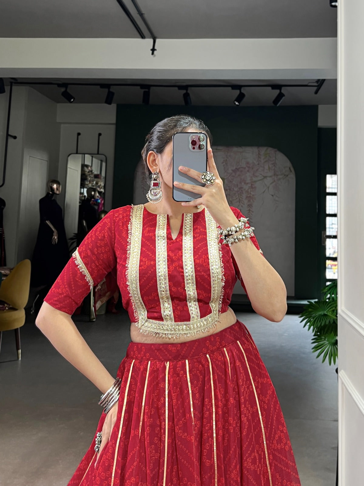 Lorenvalley Fashion Red Chiffon Bandhej Print with Sequins and Gotta Patti Lace Touch Up Lehenga Choli - Distacart