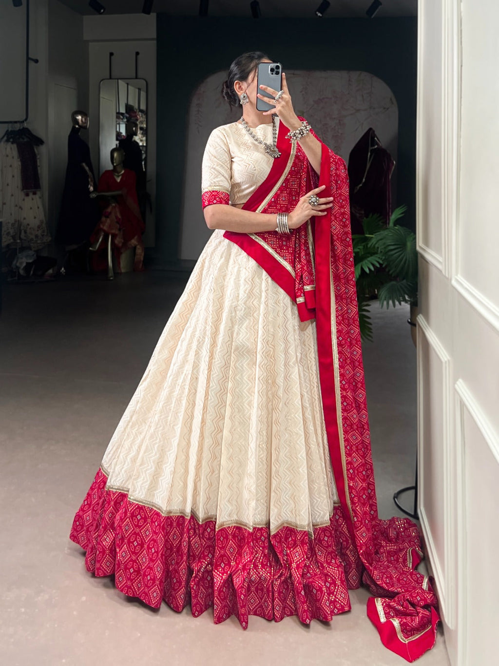 Lorenvalley Fashion Offwhite Cotton Zigzag and Bandhej Print With Sequins Lace Touch Up Lehenga Choli with Dupatta