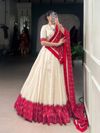 Lorenvalley Fashion Offwhite Cotton Zigzag and Bandhej Print With Sequins Lace Touch Up Lehenga Choli with Dupatta