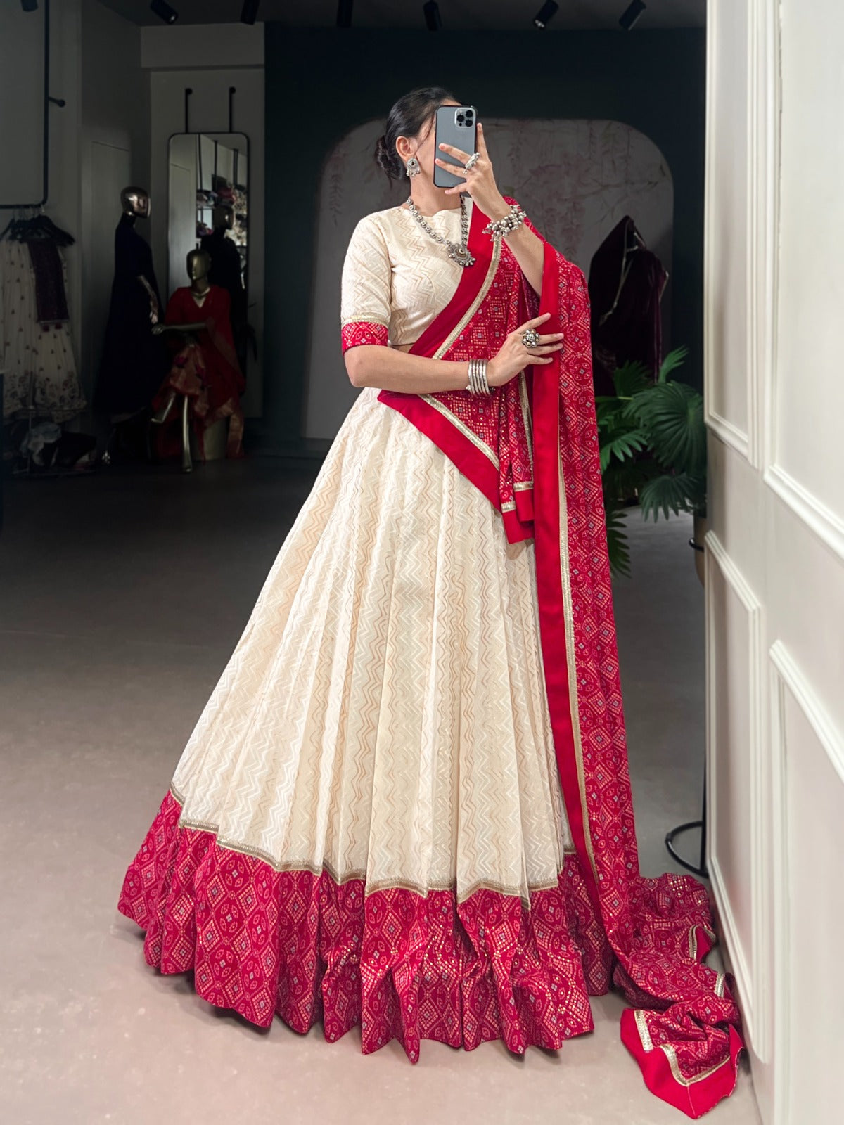 Lorenvalley Fashion Offwhite Cotton Zigzag and Bandhej Print With Sequins Lace Touch Up Lehenga Choli with Dupatta