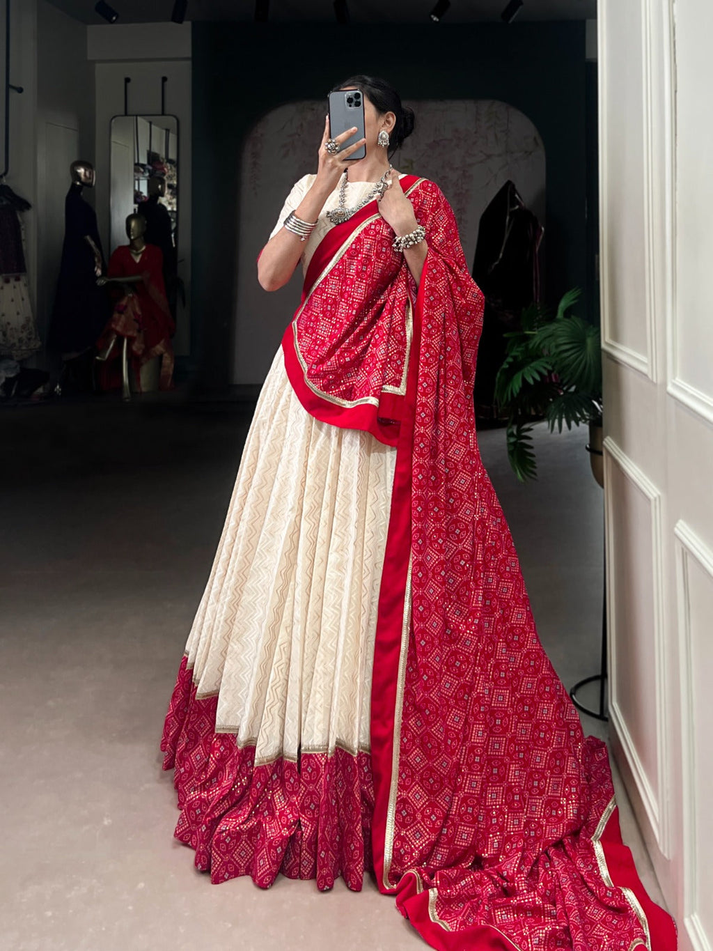 Lorenvalley Fashion Offwhite Cotton Zigzag and Bandhej Print With Sequins Lace Touch Up Lehenga Choli with Dupatta