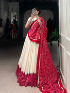 Lorenvalley Fashion Offwhite Cotton Zigzag and Bandhej Print With Sequins Lace Touch Up Lehenga Choli with Dupatta